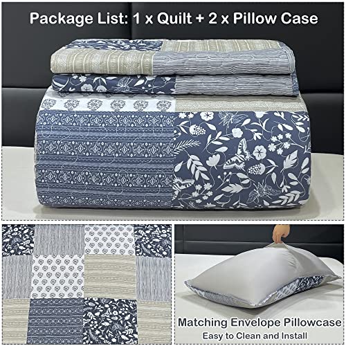 Grey Floral King Size Quilted Bedding Set, Lightweight