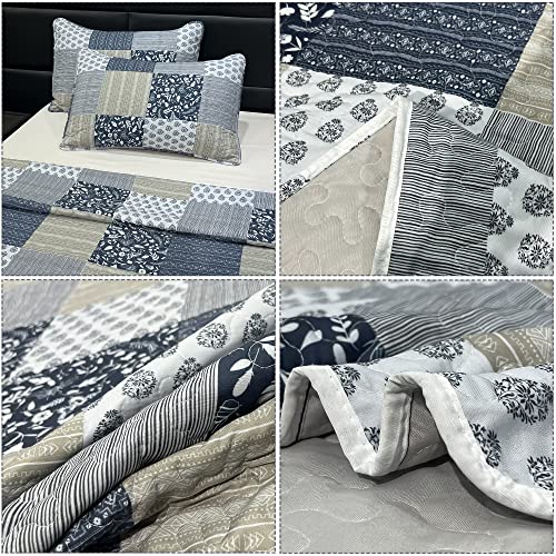 Grey Floral King Size Quilted Bedding Set, Lightweight