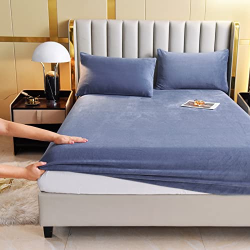Blue Velvet Queen Size Fitted Sheet, Plush Bed Cover