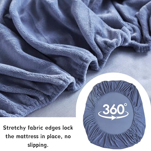 Blue Velvet Queen Size Fitted Sheet, Plush Bed Cover