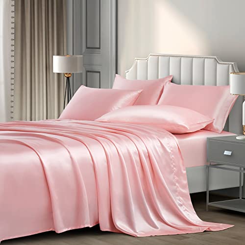 Luxury Silky Blush Pink Satin Bedding Sheet Set