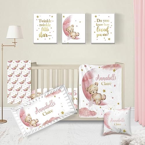 5 Piece Personalized Baby Girl Crib Set, Moon Bear