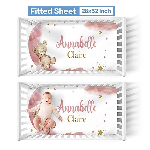 5 Piece Personalized Baby Girl Crib Set, Moon Bear