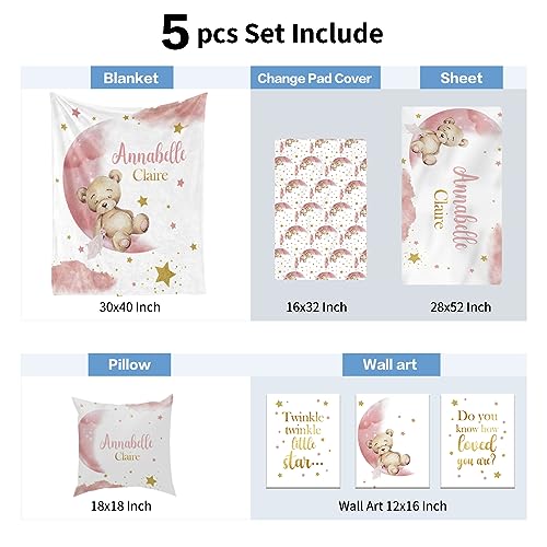 5 Piece Personalized Baby Girl Crib Set, Moon Bear