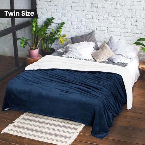 Navy Sherpa Blanket - 480GSM Thick Reversible Fleece