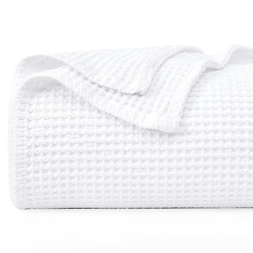 Elegant White Waffle Weave Cotton Blanket for Queen