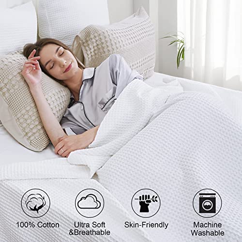 Elegant White Waffle Weave Cotton Blanket for Queen