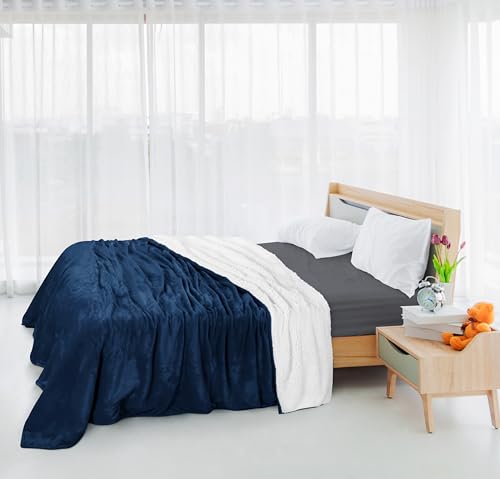 Navy Sherpa Blanket - 480GSM Thick Reversible Fleece