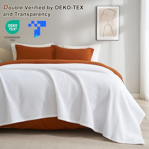 Elegant White Waffle Weave Cotton Blanket for Queen