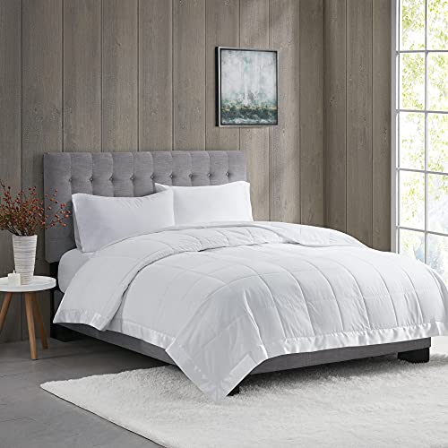Lightweight White King Blanket with Moisture-Wicking Satin Trim