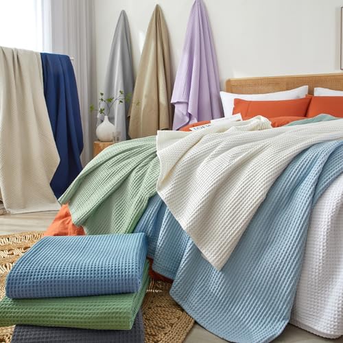 Elegant White Waffle Weave Cotton Blanket for Queen