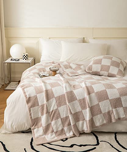 Buffalo Checkerboard Grid Fluffy Knitted Throw Blanket Cream