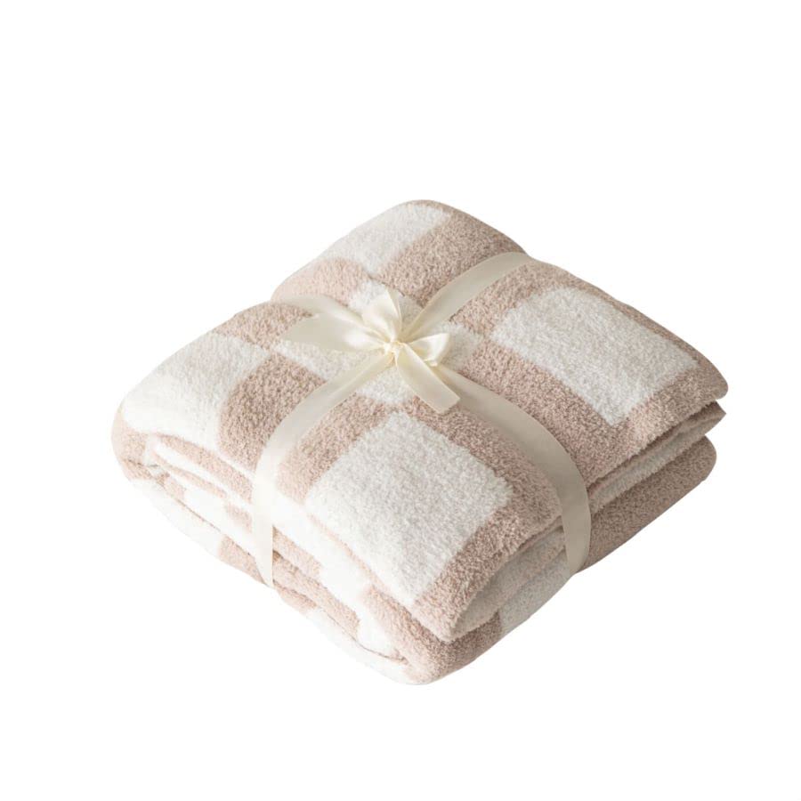 Buffalo Checkerboard Grid Fluffy Knitted Throw Blanket Cream