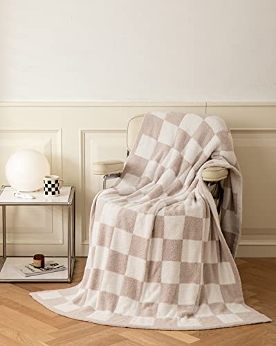 Buffalo Checkerboard Grid Fluffy Knitted Throw Blanket Cream