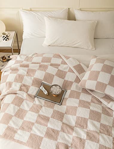 Buffalo Checkerboard Grid Fluffy Knitted Throw Blanket Cream