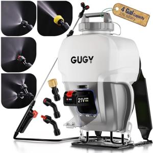 GUGY Backpack Sprayer 4 Gallon - Battery Powered Operated Electric Back Pack Sprayers for Garden Lawn Yard Weeding, 65 PSI 4 Nozzles, 22"-37.8" Stainless Steel Wand, 4.75Ft Hose, 5.9" Wide Mouth Lid