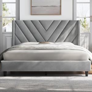 Yaheetech Upholstered Platform Bed with Winged Headboard - Light Gray