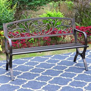50" Outdoor Garden Bench with Floral Backrest & Arch Legs