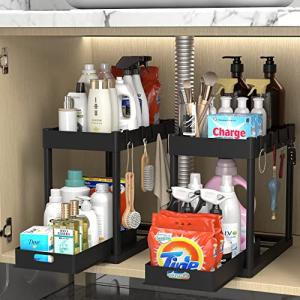 2 Tier Under Sink Organizer Rack with Hooks
