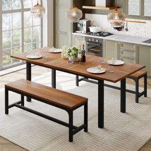 Feonase Extendable Dining Table Set with Benches, Walnut