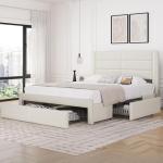 Beige Queen Bed Frame with USB Charging, Storage