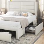 Beige Queen Bed Frame with USB Charging, Storage