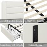 Beige Queen Bed Frame with USB Charging, Storage