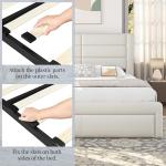 Beige Queen Bed Frame with USB Charging, Storage