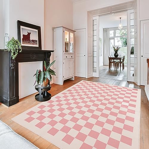 6x9 Rose Pink Checkerboard Area Rug: Washable, Non-Slip