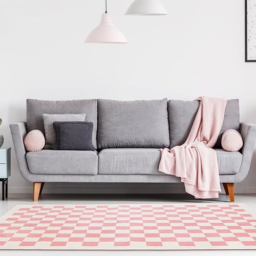 6x9 Rose Pink Checkerboard Area Rug: Washable, Non-Slip