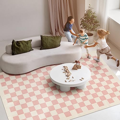 6x9 Rose Pink Checkerboard Area Rug: Washable, Non-Slip