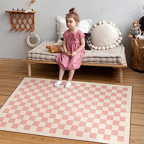 6x9 Rose Pink Checkerboard Area Rug: Washable, Non-Slip