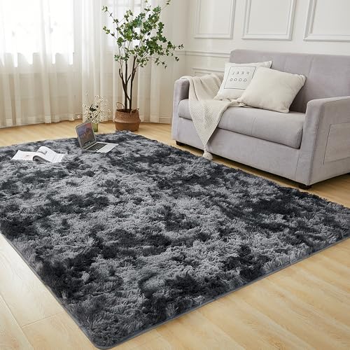 Dark Grey Tie-Dyed Shag Area Rug, Non-Skid