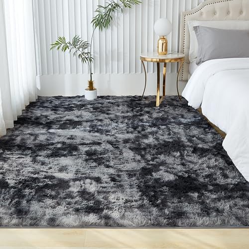 Dark Grey Tie-Dyed Shag Area Rug, Non-Skid