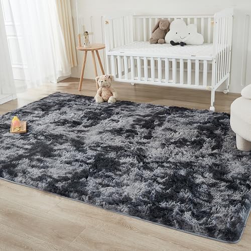 Dark Grey Tie-Dyed Shag Area Rug, Non-Skid