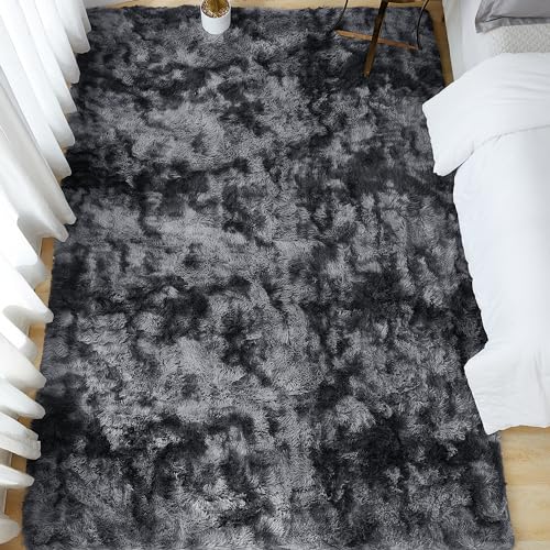 Dark Grey Tie-Dyed Shag Area Rug, Non-Skid