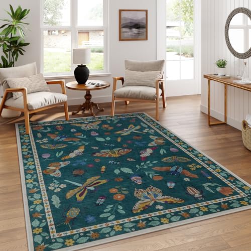 Lahome Insect Print 5x7 Area Rug in Dark Green