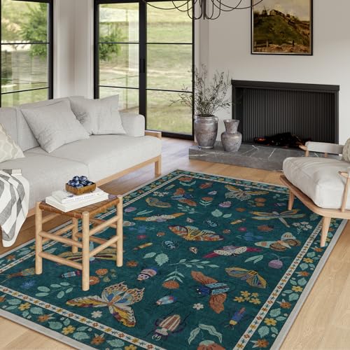 Lahome Insect Print 5x7 Area Rug in Dark Green
