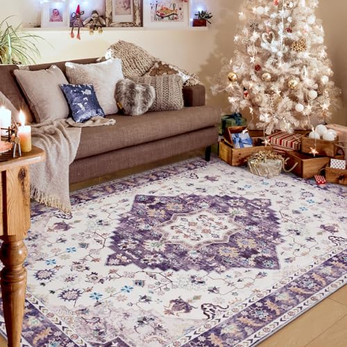 Vintage Floral Area Rug, Machine Washable, 4x6, Purple