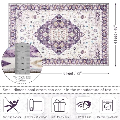 Vintage Floral Area Rug, Machine Washable, 4x6, Purple