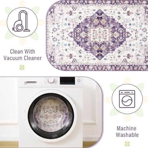 Vintage Floral Area Rug, Machine Washable, 4x6, Purple