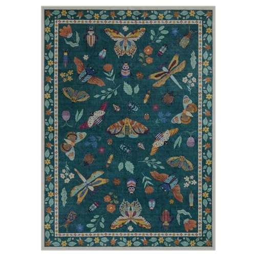 Lahome Insect Print 5x7 Area Rug in Dark Green
