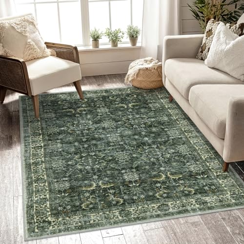 Boho Green Washable Area Rug for Living Room