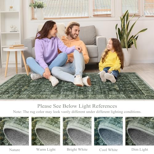 Boho Green Washable Area Rug for Living Room