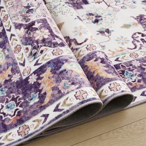 Vintage Floral Area Rug, Machine Washable, 4x6, Purple