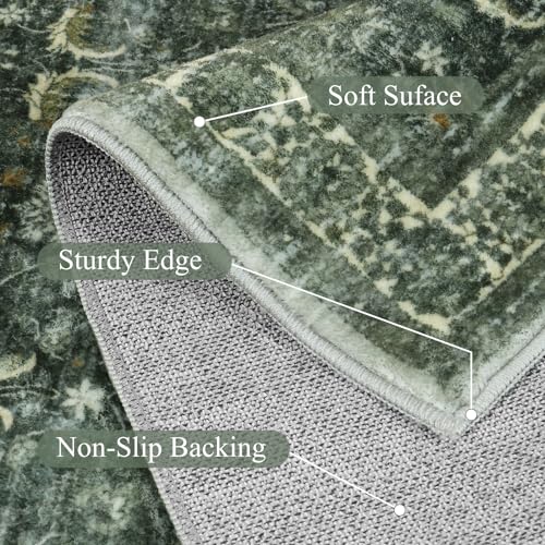 Boho Green Washable Area Rug for Living Room