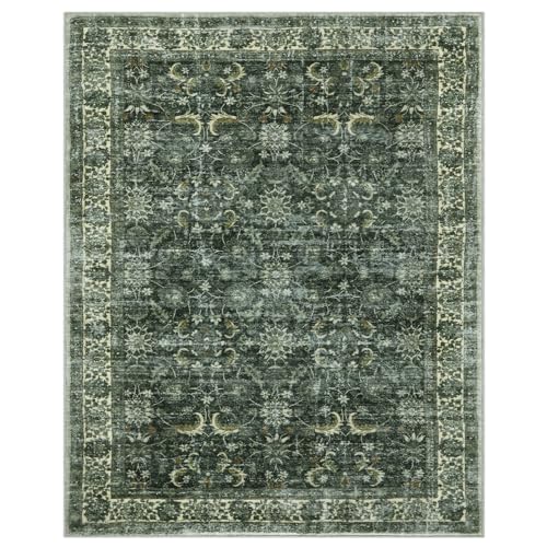 Boho Green Washable Area Rug for Living Room