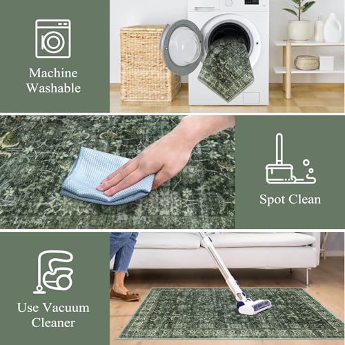 Boho Green Washable Area Rug for Living Room