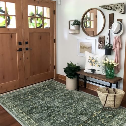 Boho Green Washable Area Rug for Living Room