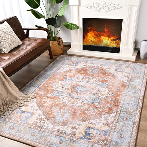 Brick/Blue Soft Area Rug 4x6, Washable Vintage Rug